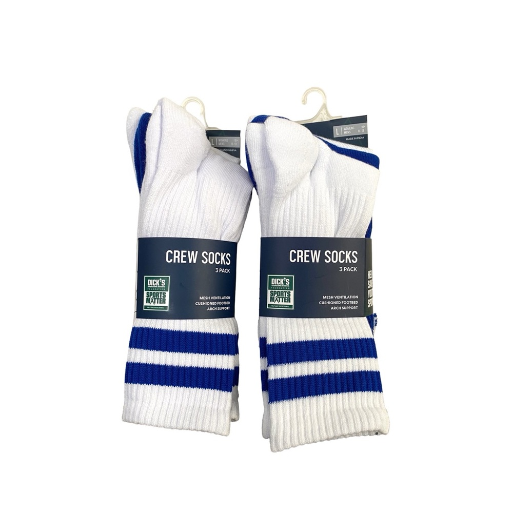 DSG Adult White/Blue (2) 3-Pack Crew Socks Team Royal Combo L